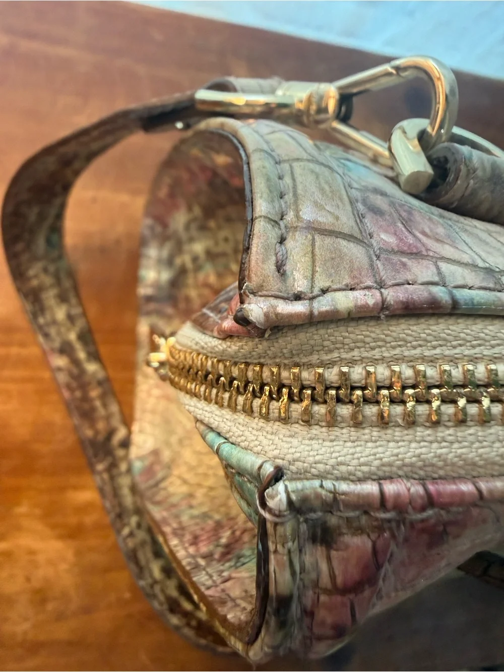 Brahmin Green and Mauve Croc-Embossed Satchel